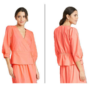 A New Day | Peach/Orange Surplice Faux Wrap 3/4 Sleeve V-Neck Peplum Top